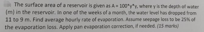 The surface area of a reservoir is given as A = 1