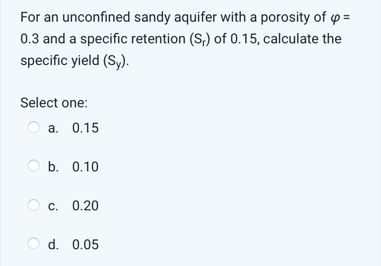 f For an unconfined sandy aquifer with a porosity