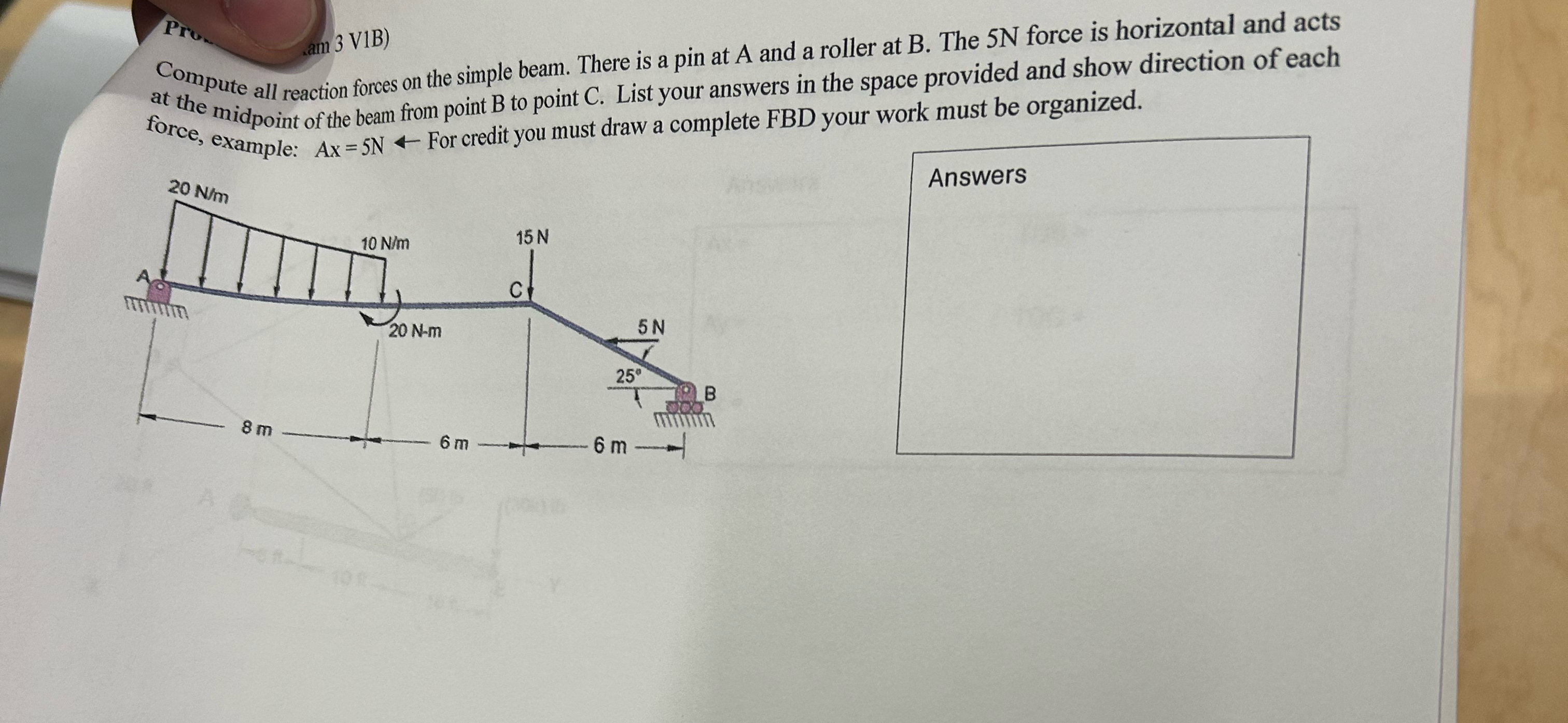 am 3 V 1 B at the midpoint of the beam from point