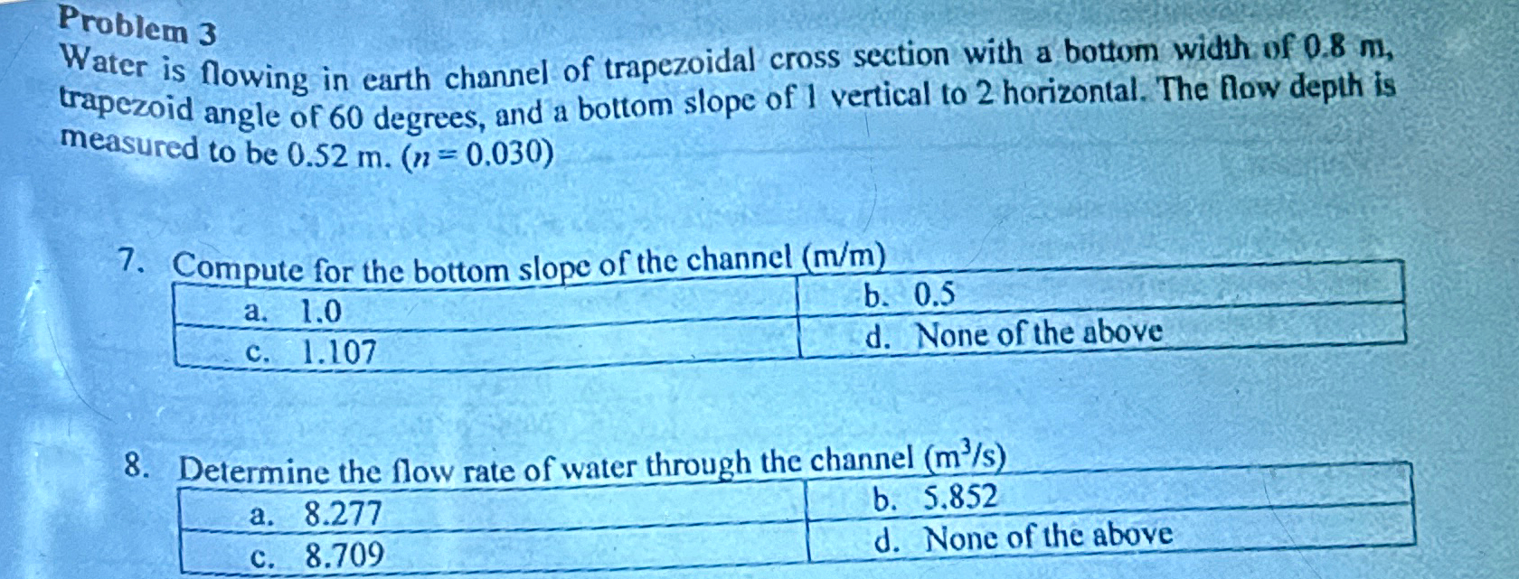 Problem 3 Water is flowing in earth channel of
