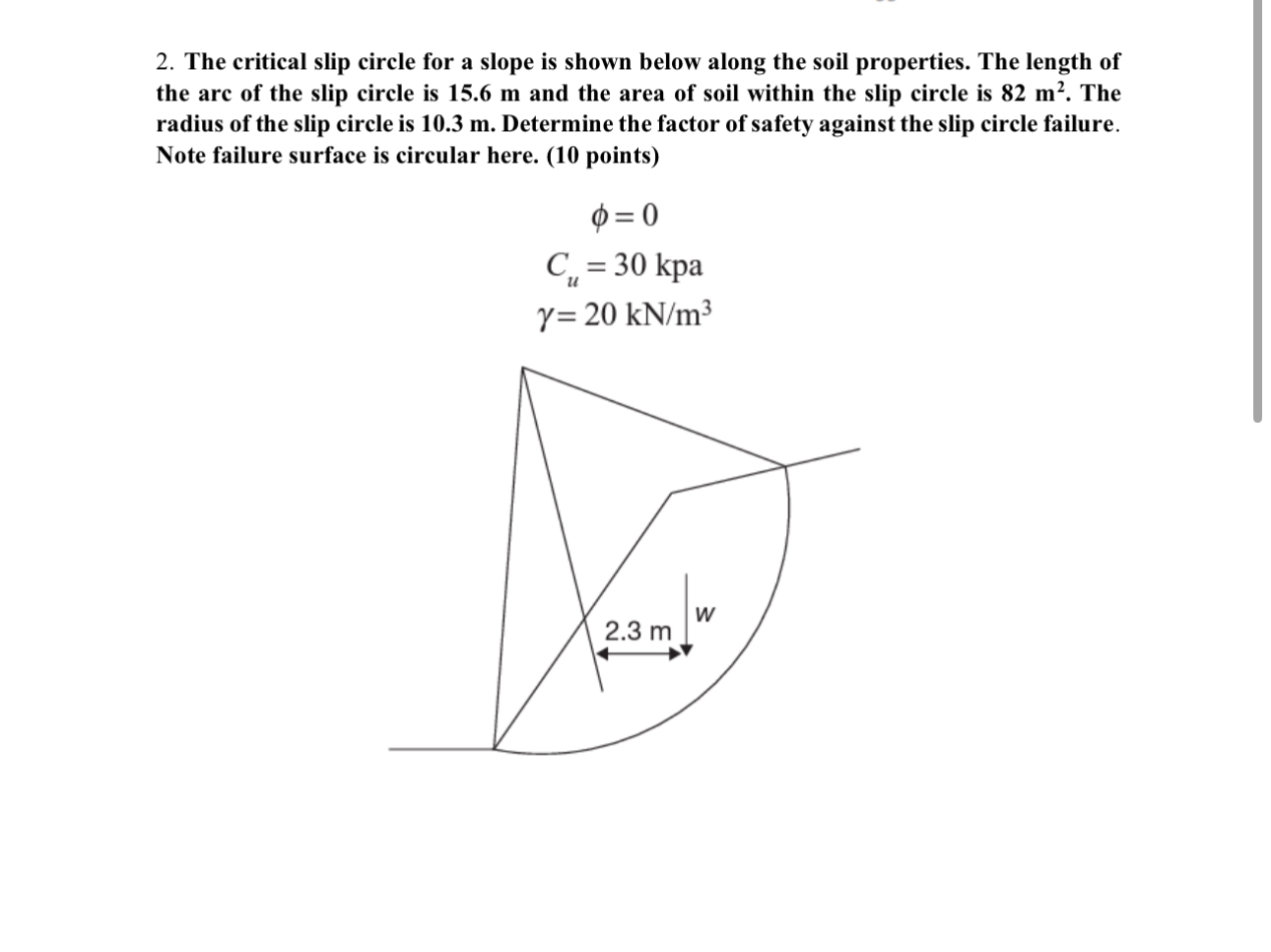 The critical slip circle for a slope is shown