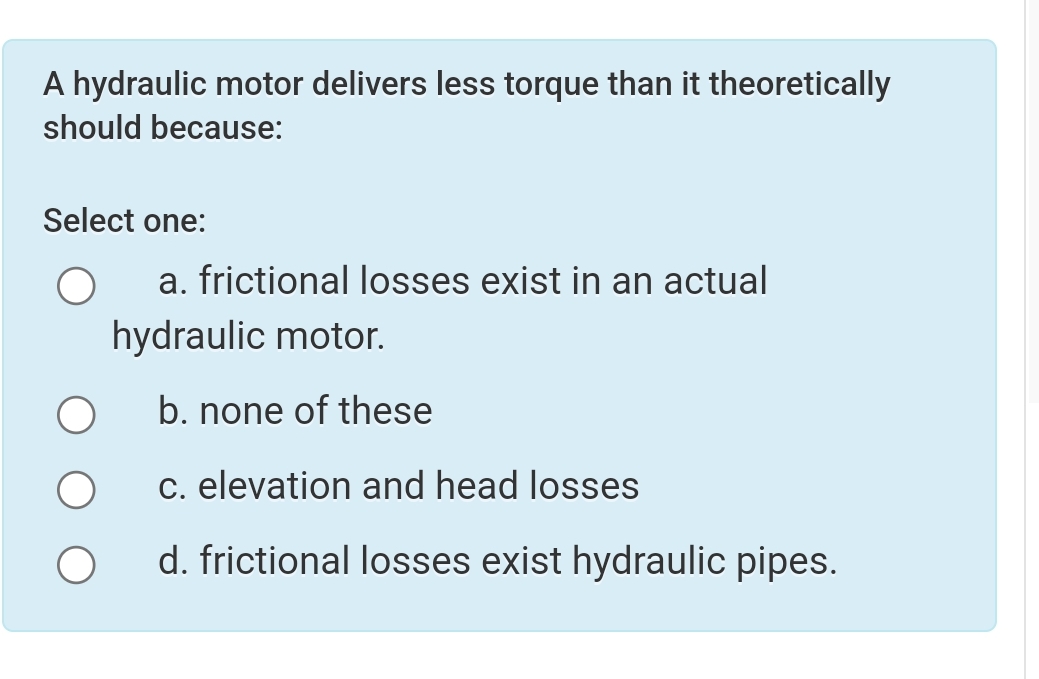A hydraulic motor delivers less torque than it