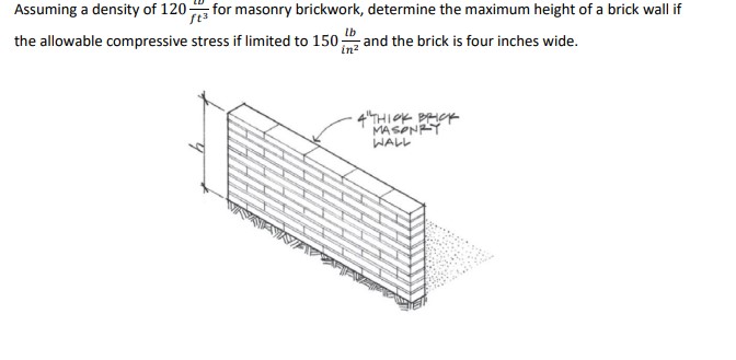 Assuming a density of 1 2 0 w f t 3 for masonry