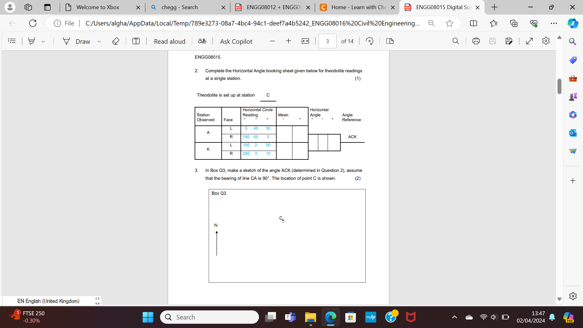 ENGG 0 8 0 1 5 Complete the Horizontal Angle