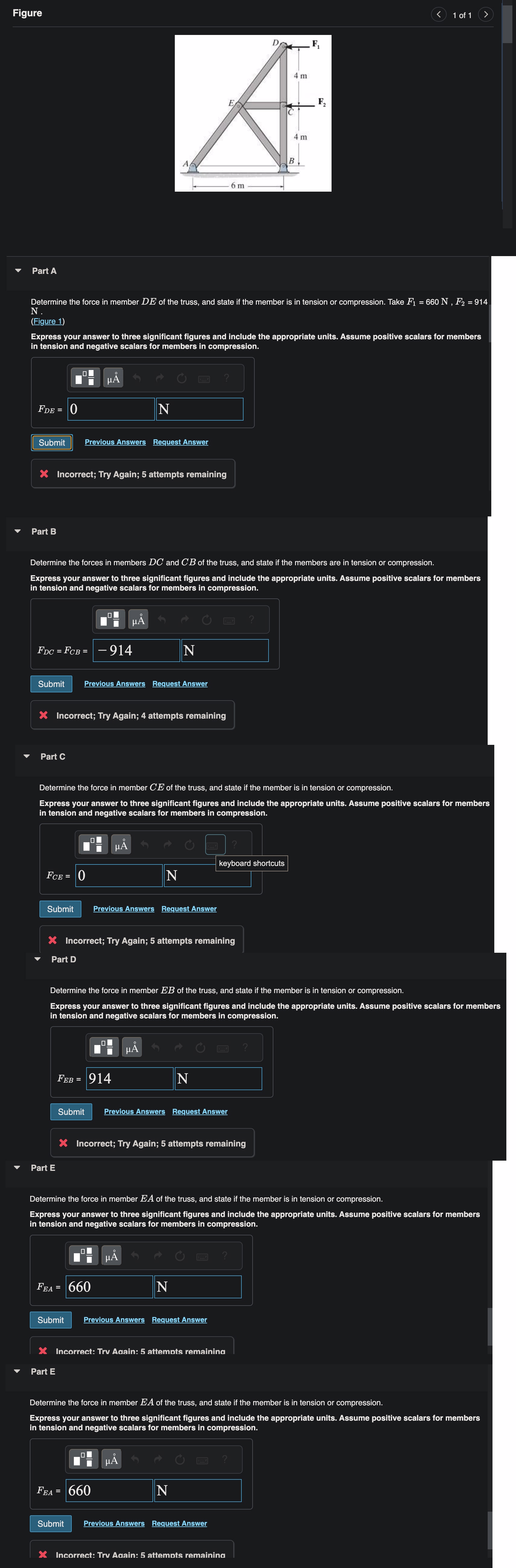 Part A Determine the force in member D E of the