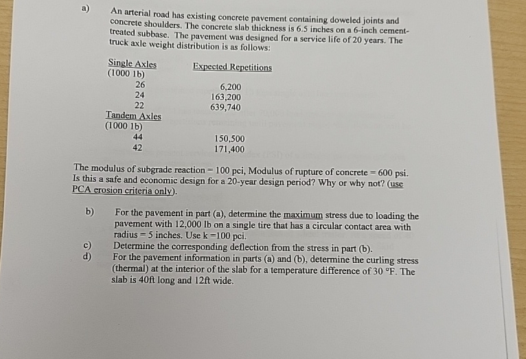 a ) An arterial road has existing concrete