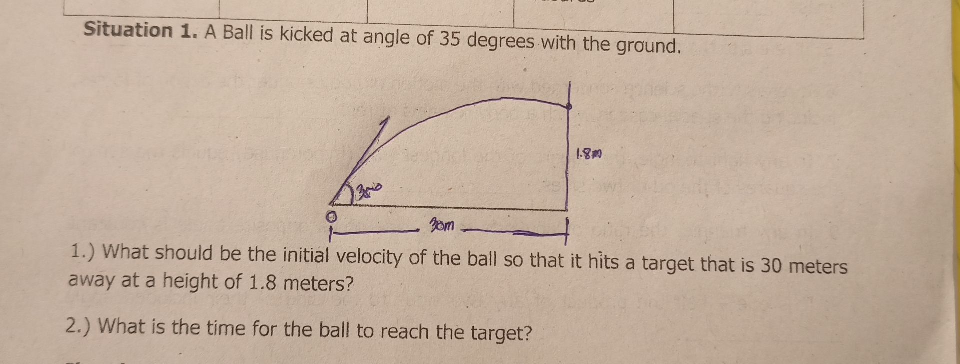 Situation 1 . A Ball is kicked at angle of 3 5