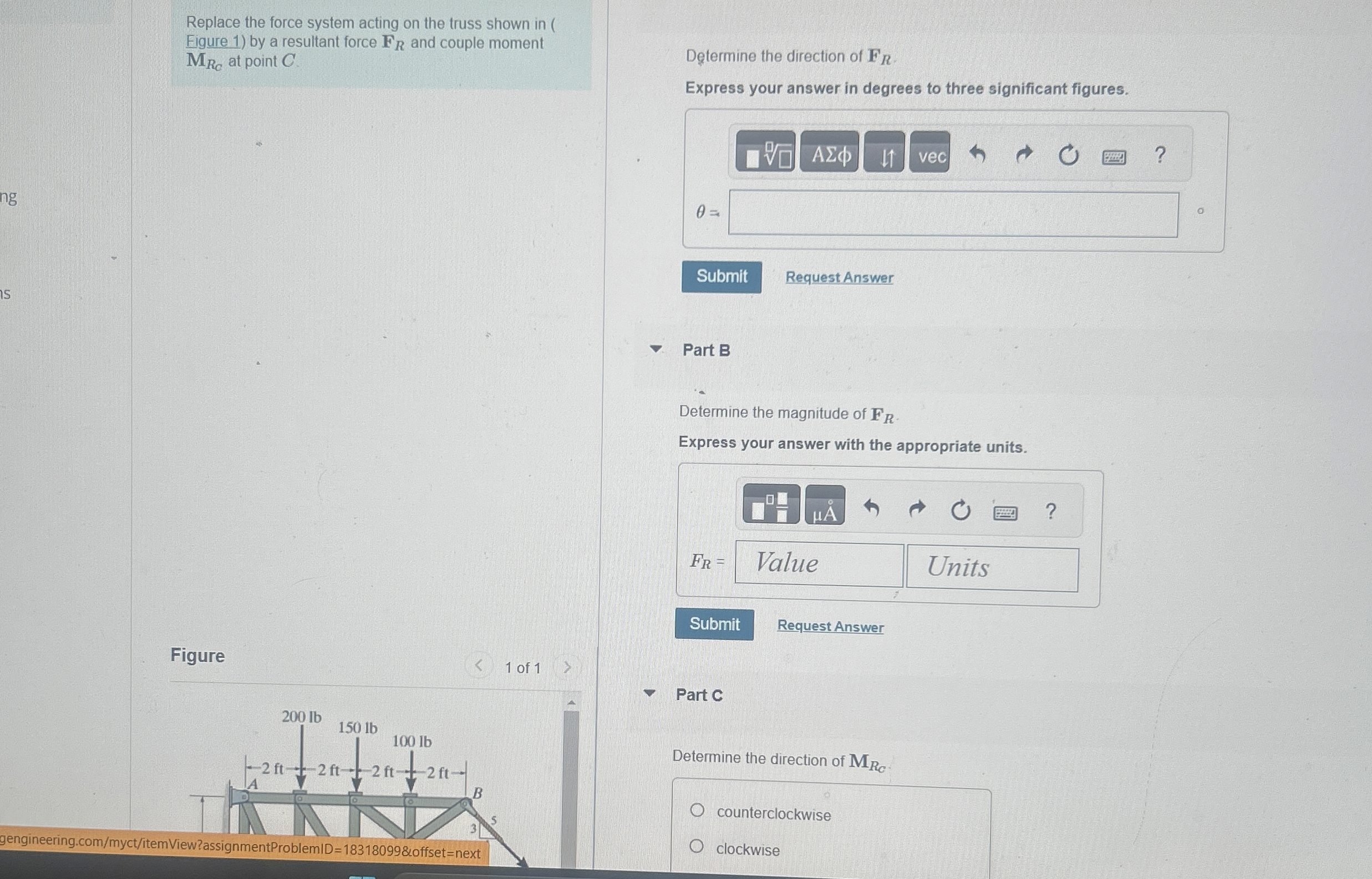 Replace the force system acting on the truss