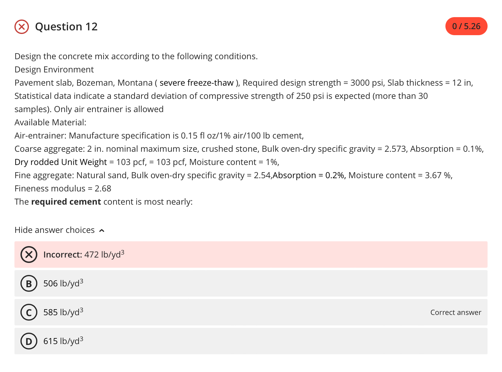 Question 1 2 Design the concrete mix according to