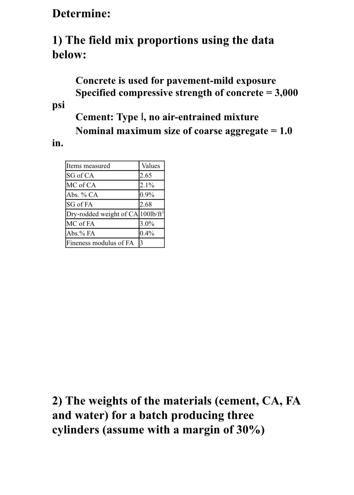 Determine: The field mix proportions using the