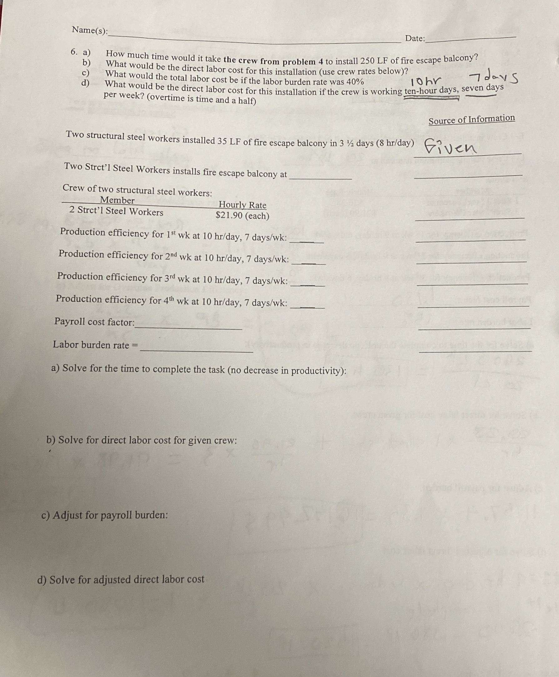 Name ( s ) : a ) How much time would it take the