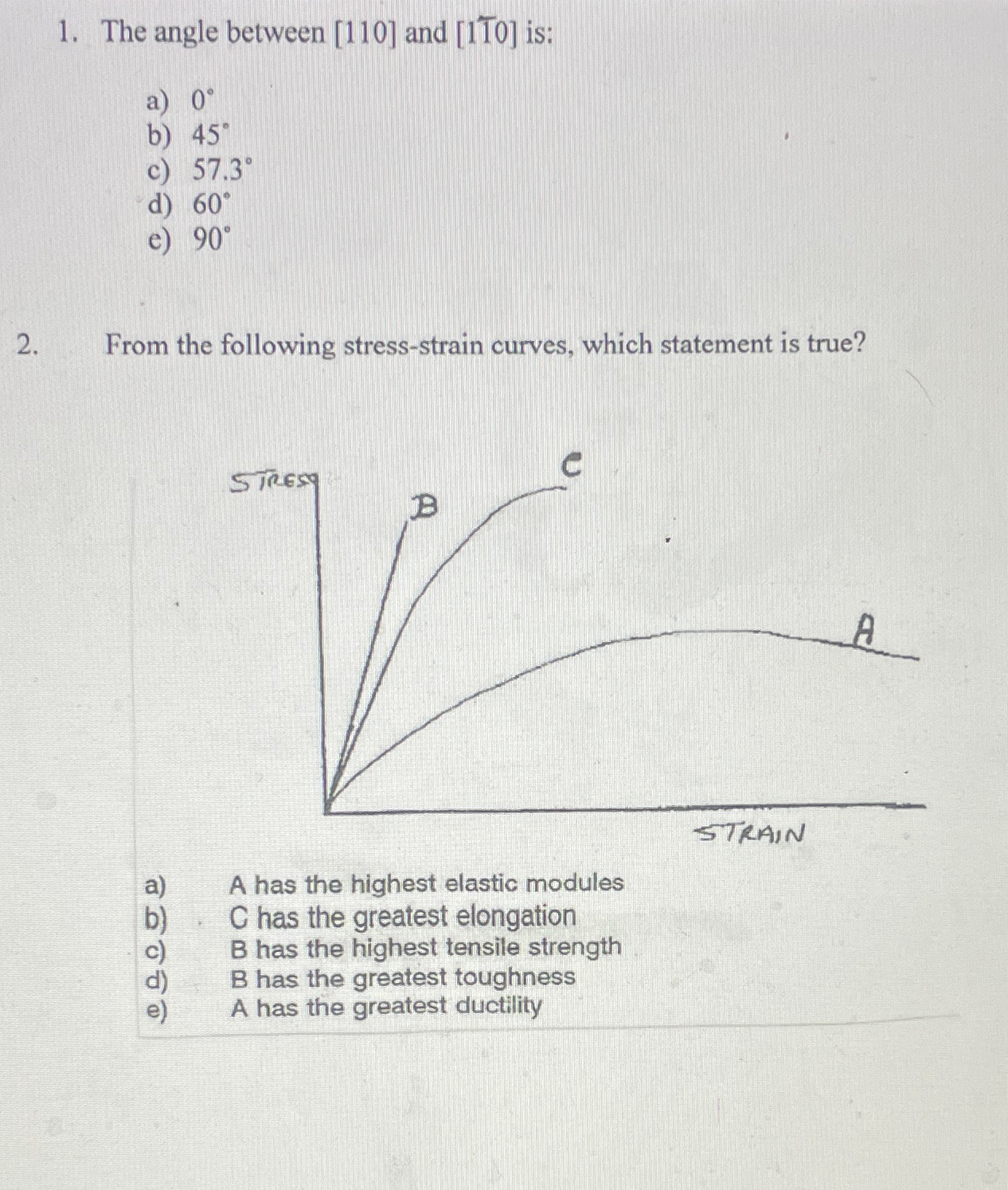 The angle between 1 1 0 and 1 T 0 is: a ) 0 b ) 4
