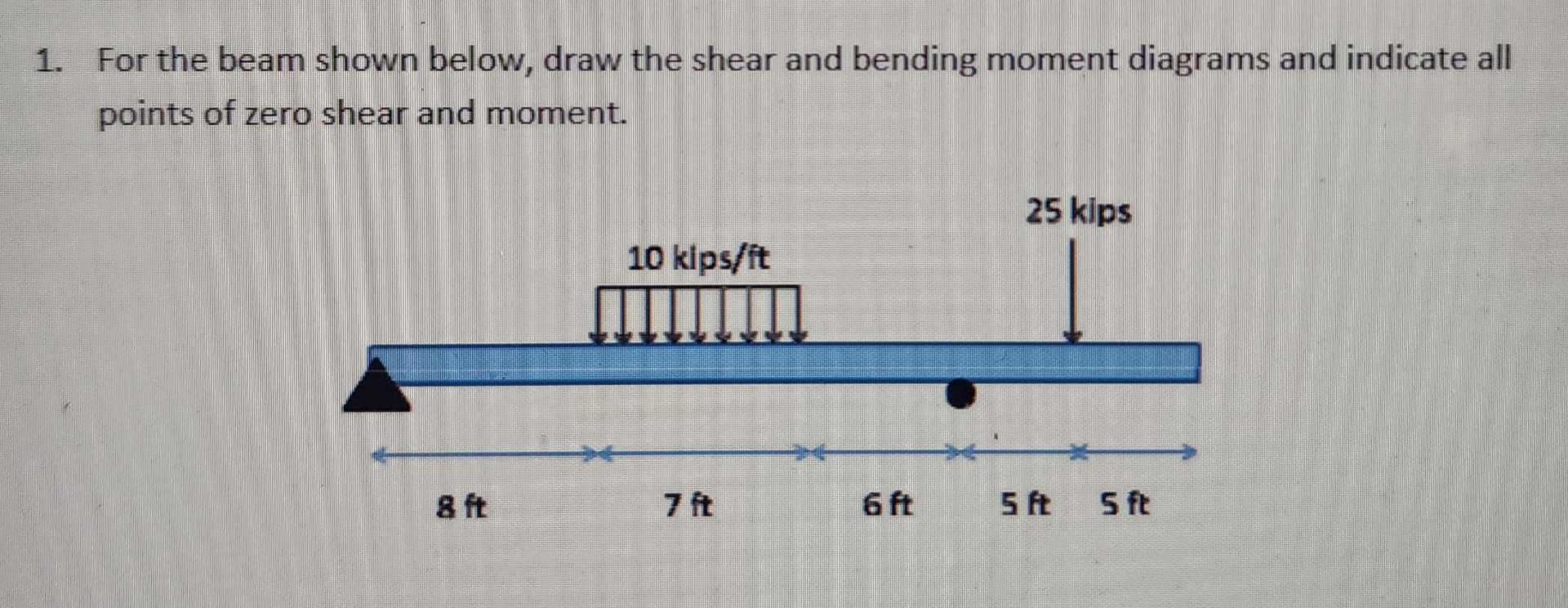 For the beam shown below, draw the shear and
