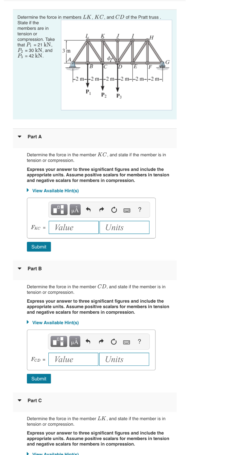 Determine the force in members L K , K C , and C