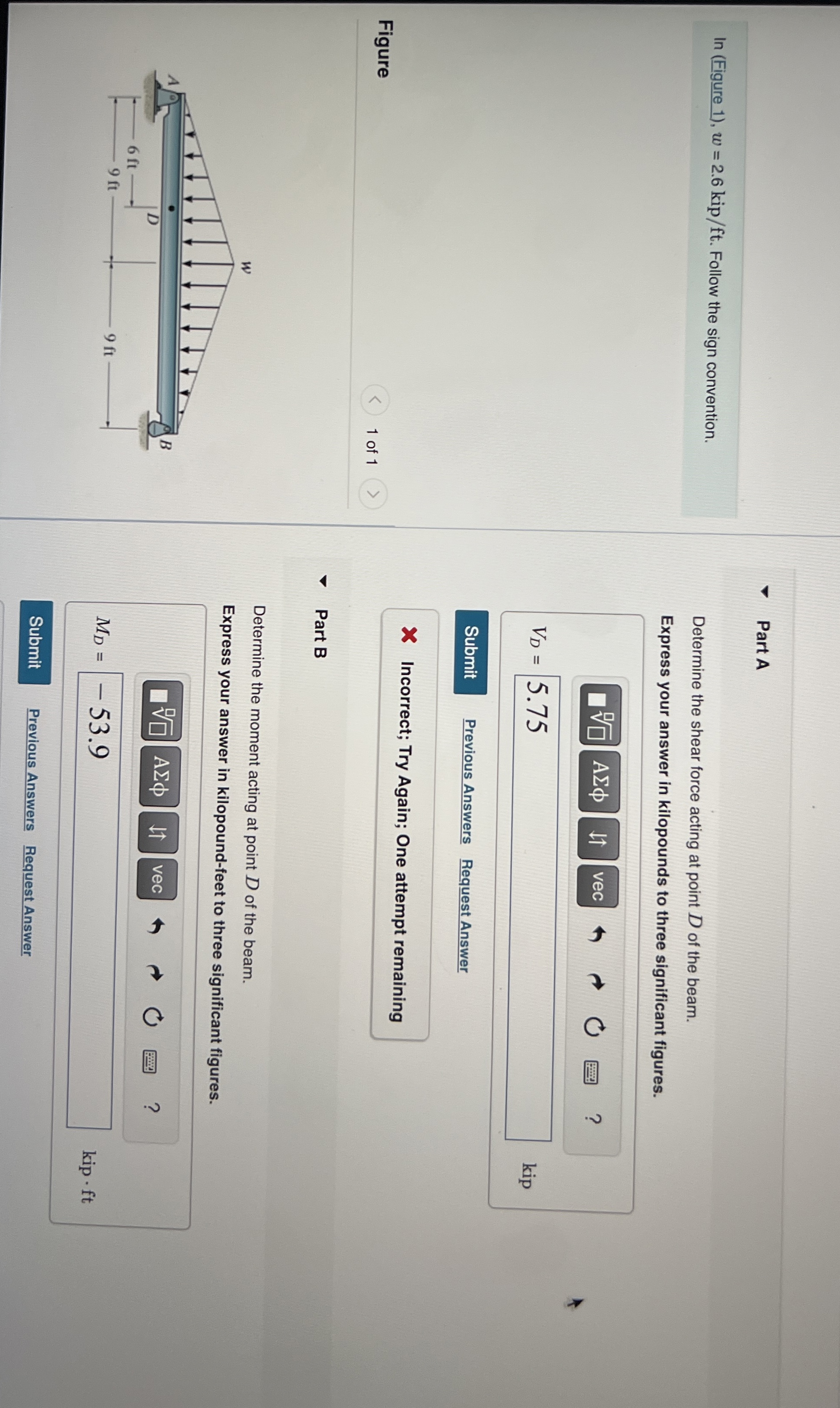 Part A In ( Figure 1 ) , w = 2 . 6 k i p f t .