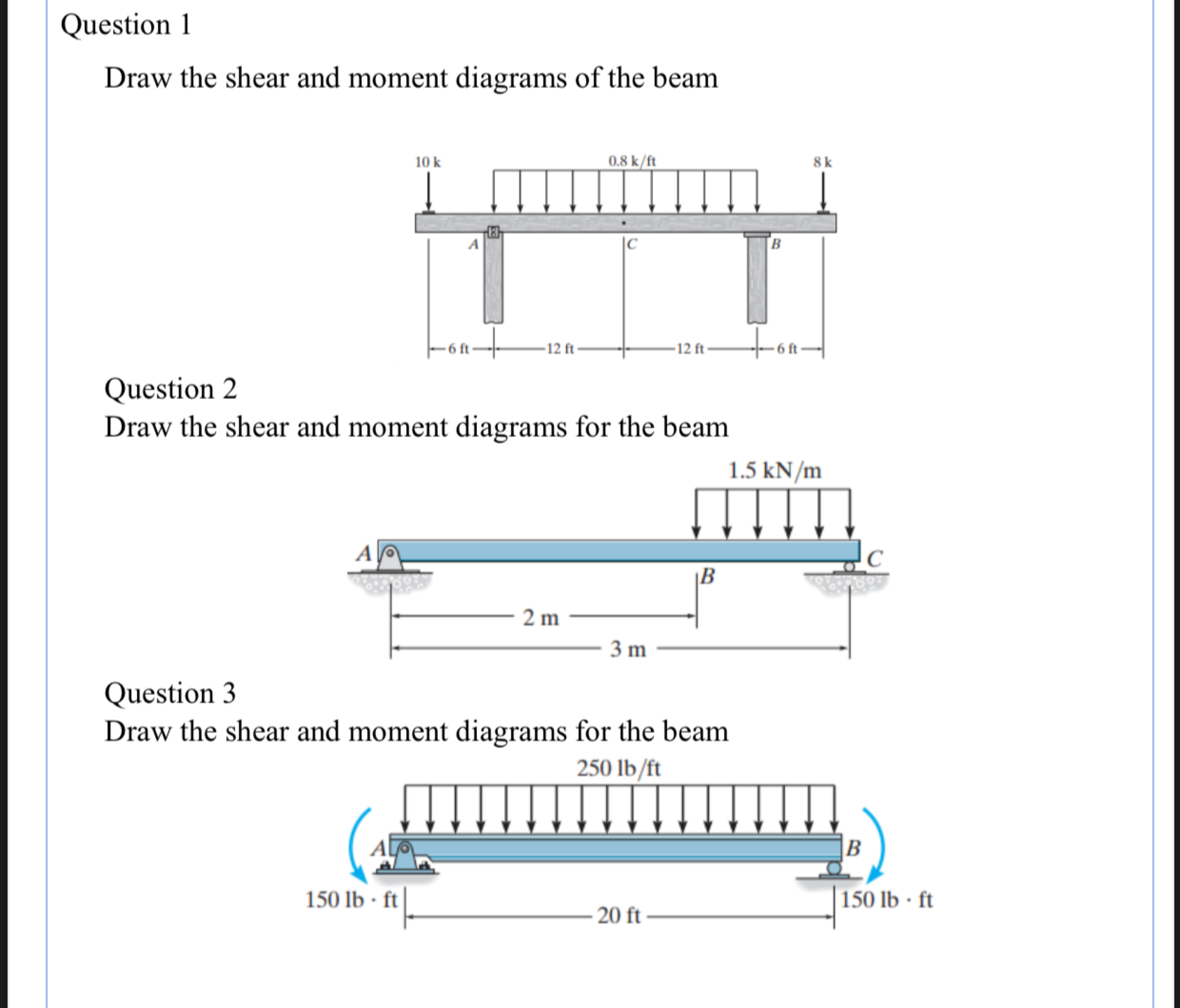 Question 1 Draw the shear and moment diagrams of