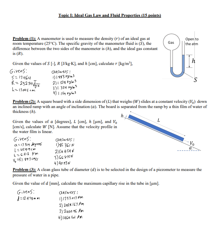 Topic I: Ideal Gas Law and Fluid Properties ( 1 5