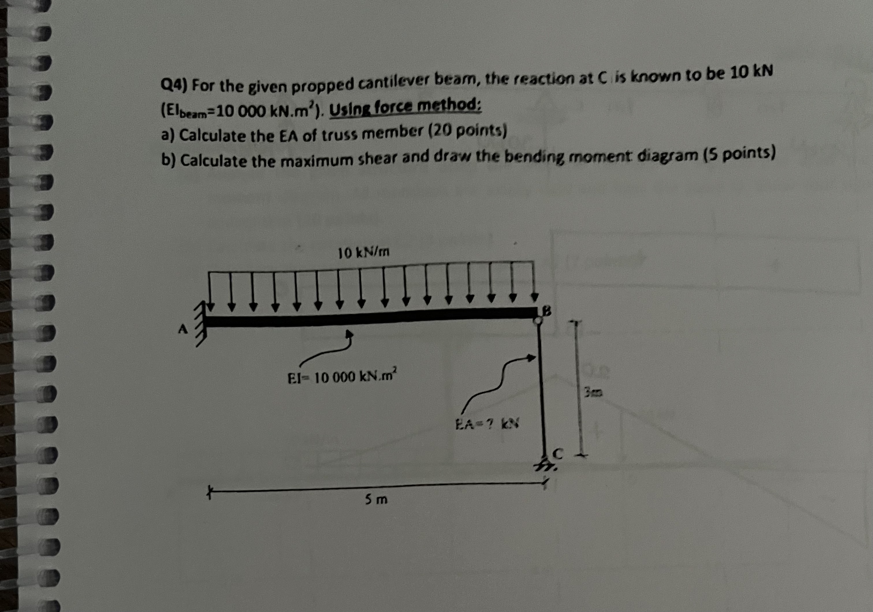 Q 4 ) For the given propped cantilever beam, the