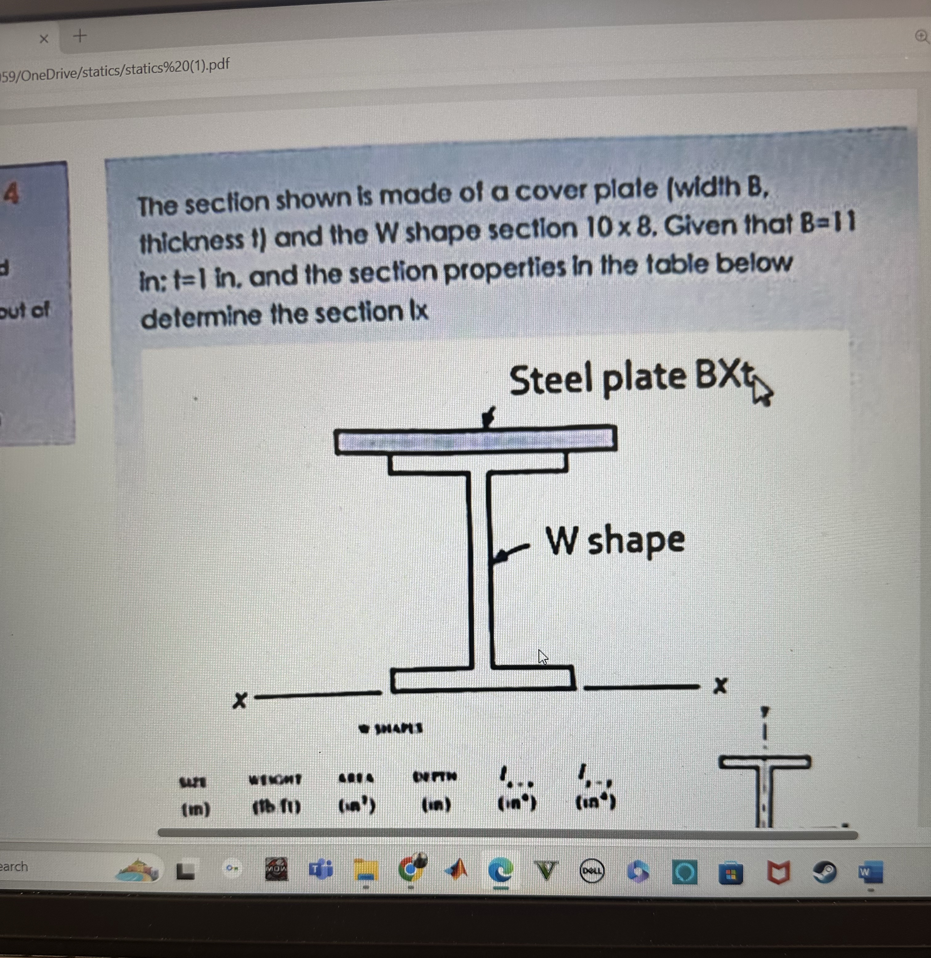 Steps for The value of W 1 0 x 8 Area 1 1 . 5 Ix