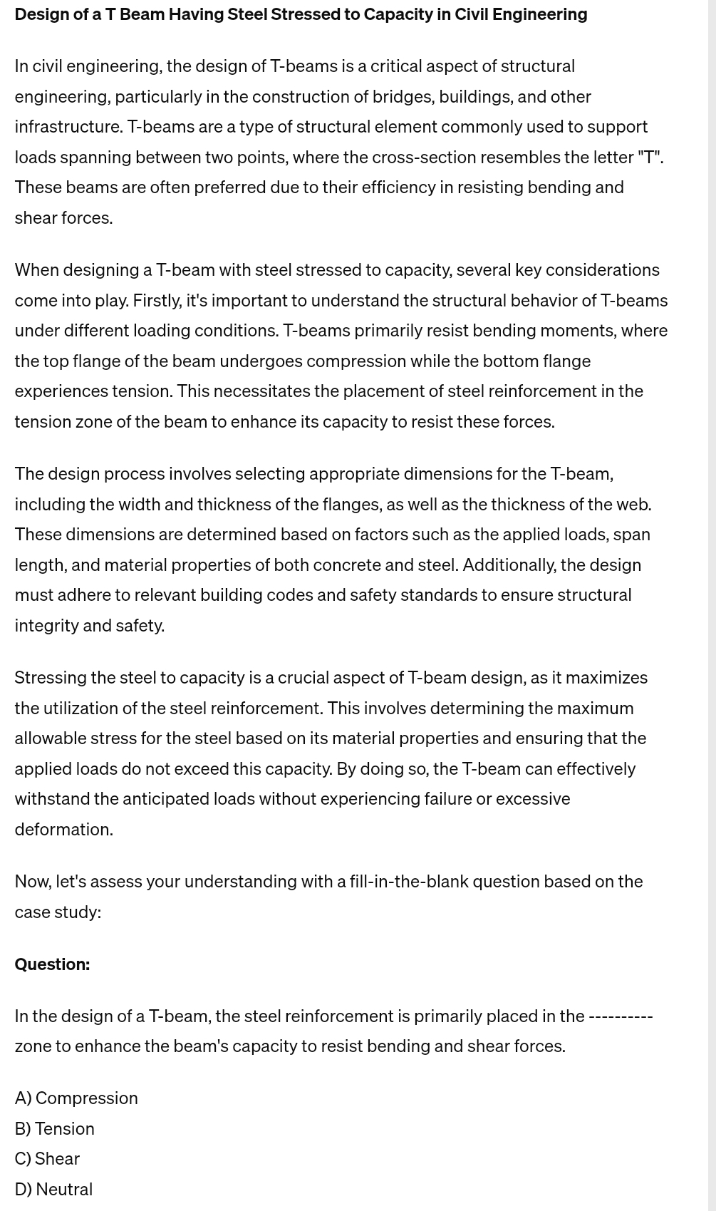 Design of a T Beam Having Steel Stressed to