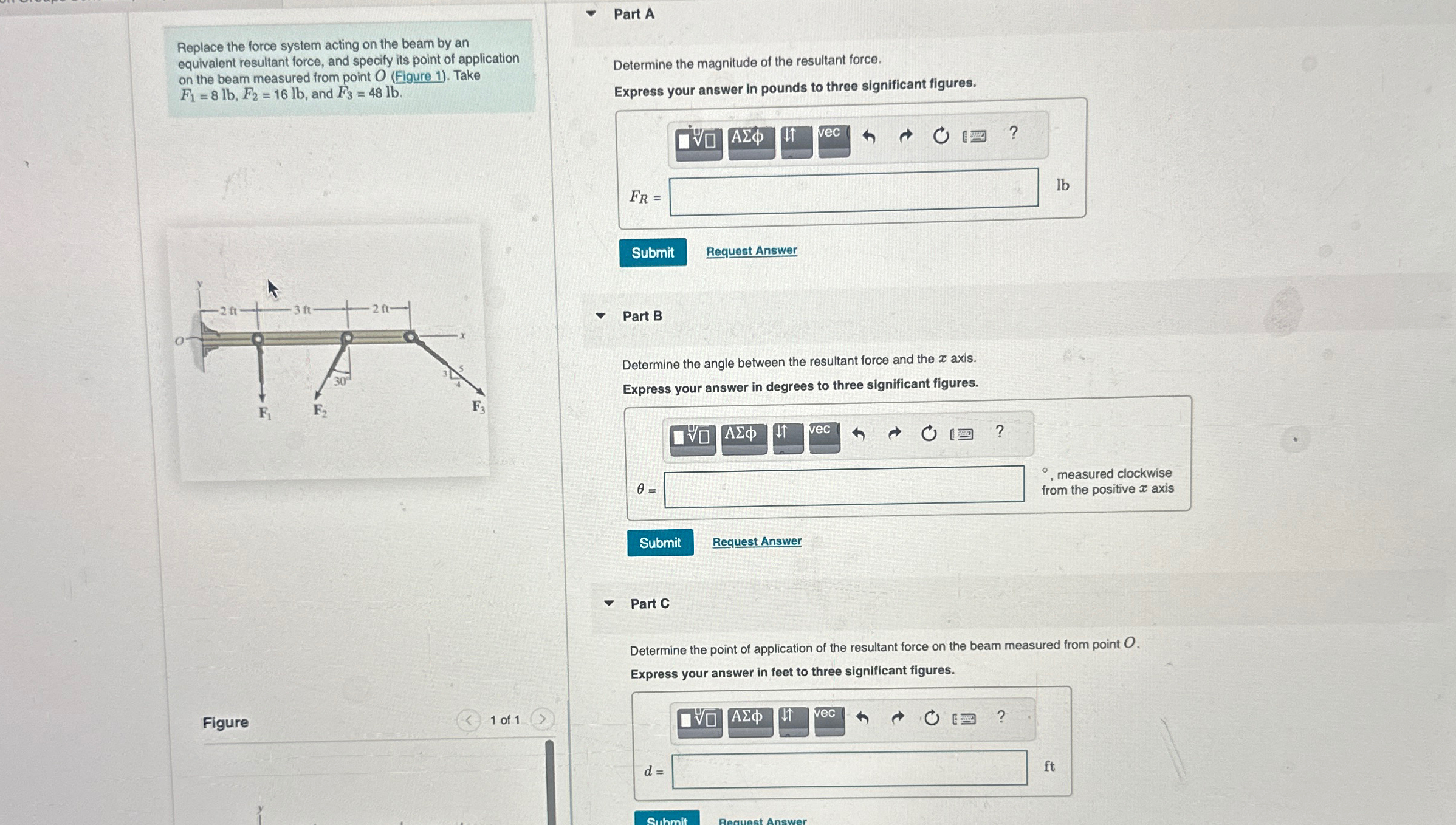 Replace the force system acting on the beam by an