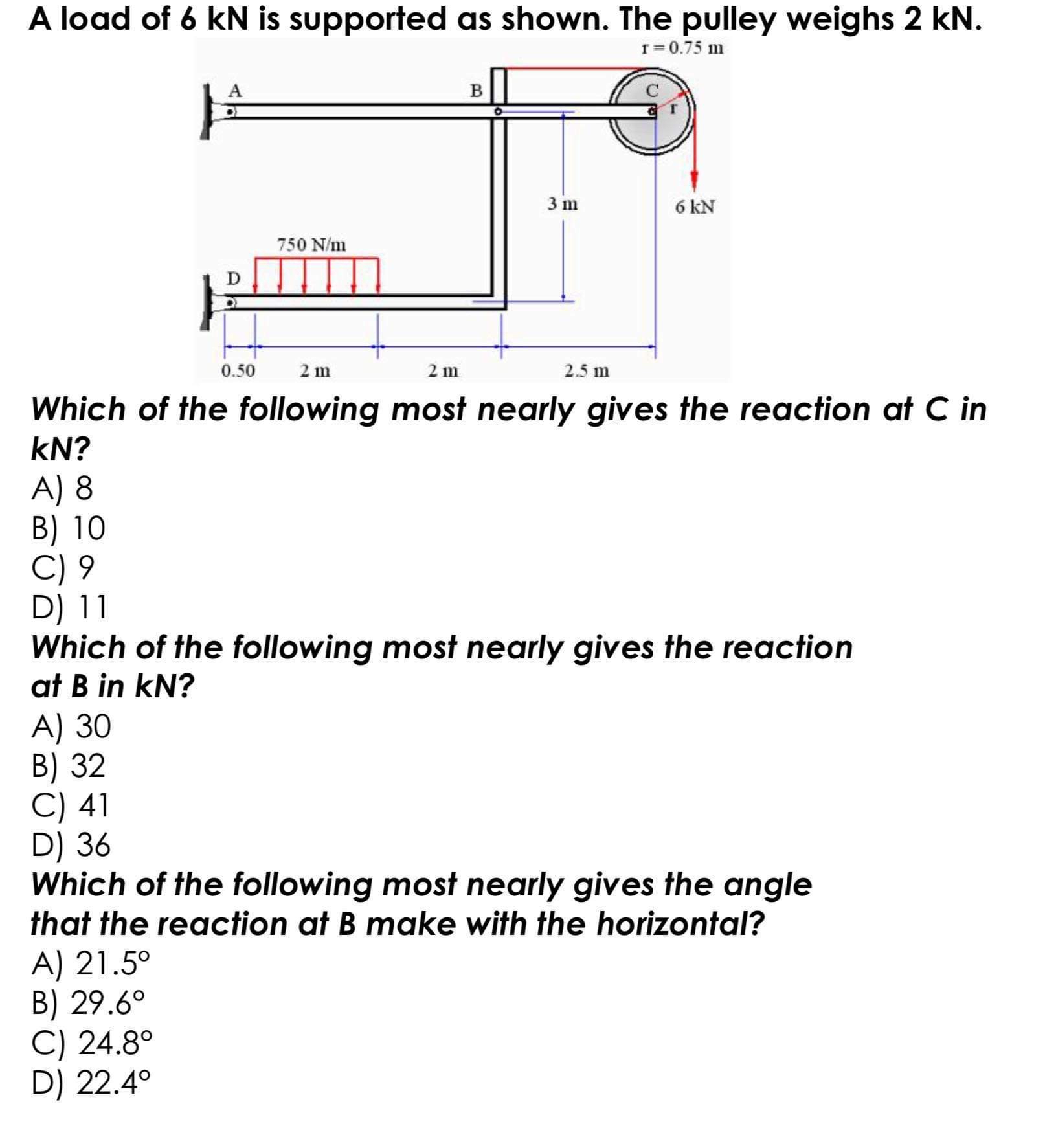 A load of 6 k N is supported as shown. The pulley