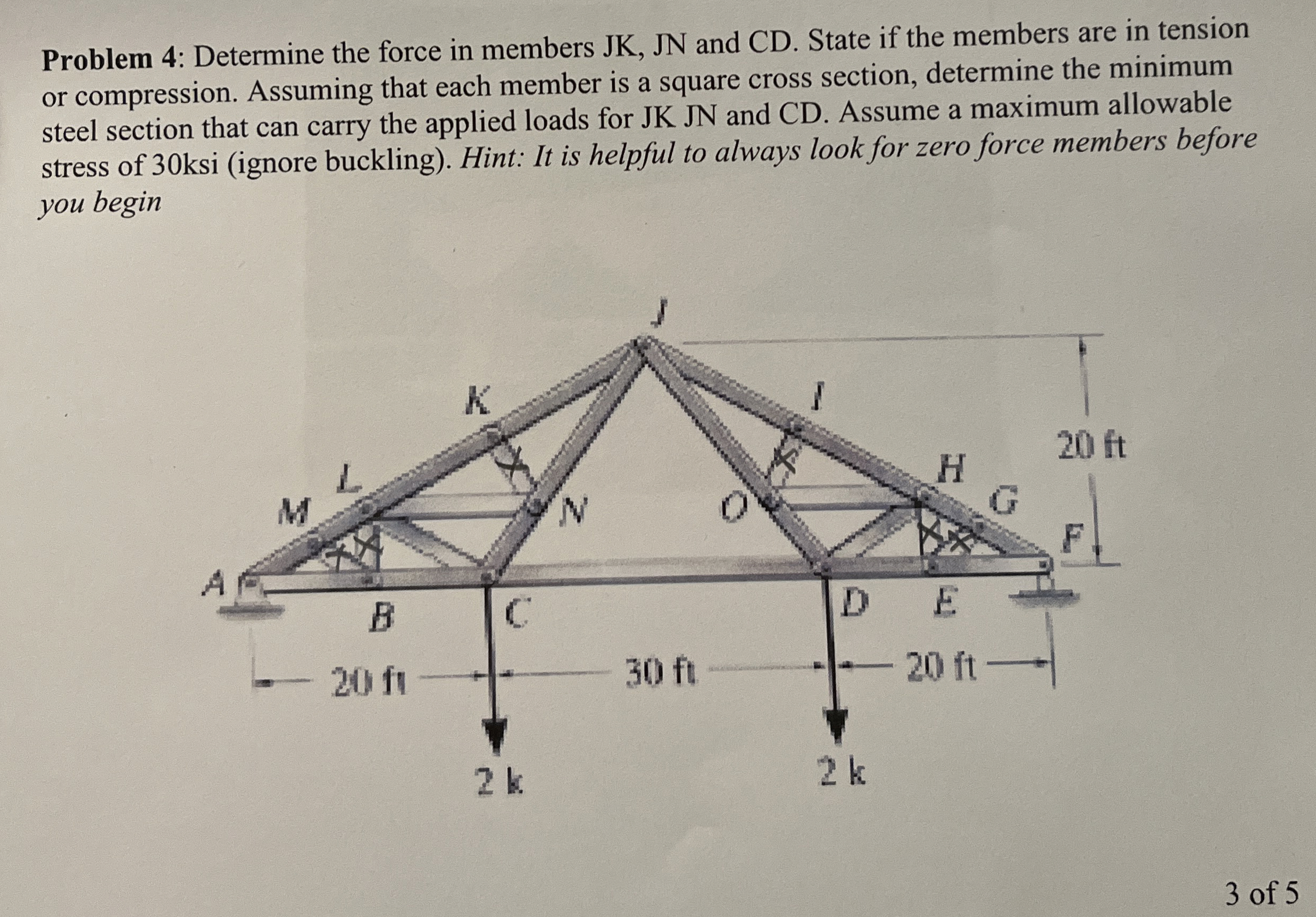 Problem 4 : Determine the force in members J K ,