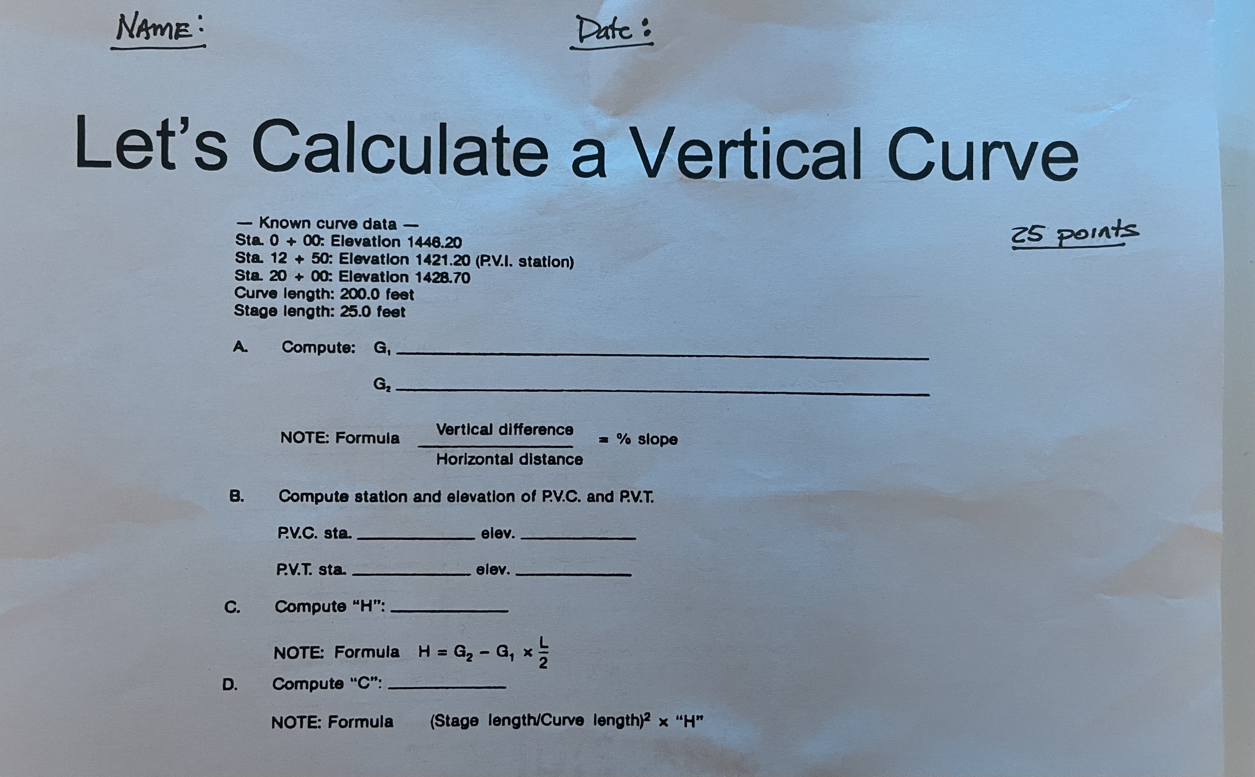 NAME: Let's Calculate a Vertical Curve Known