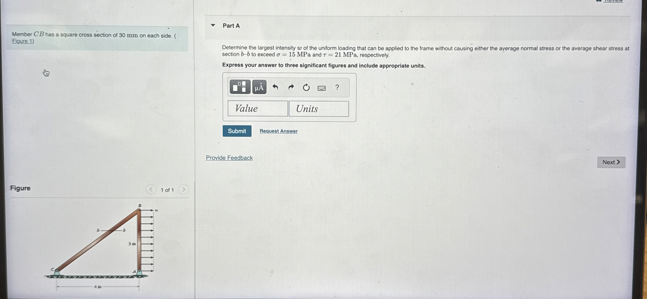 Member C B has a square cross section of 3 0 mm