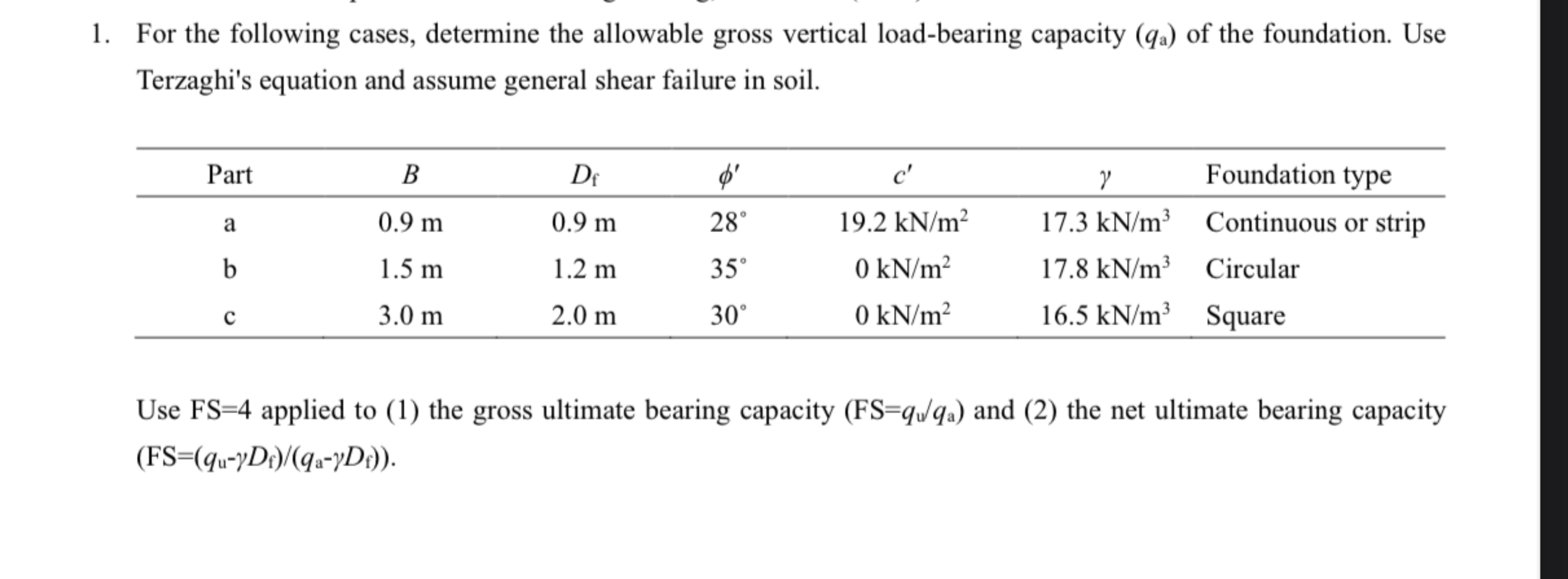 For the following cases, determine the allowable
