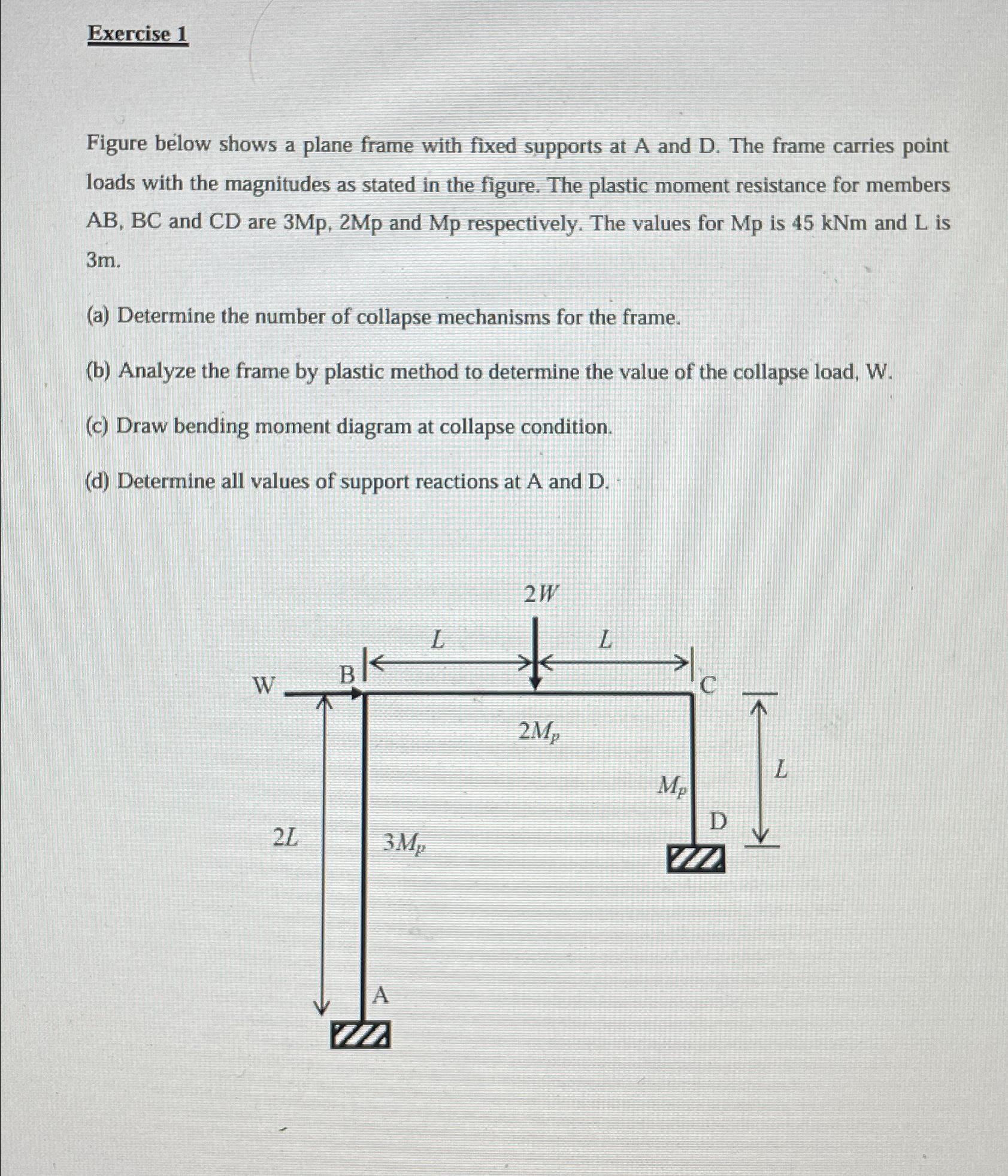 Exercise 1 Figure below shows a plane frame with