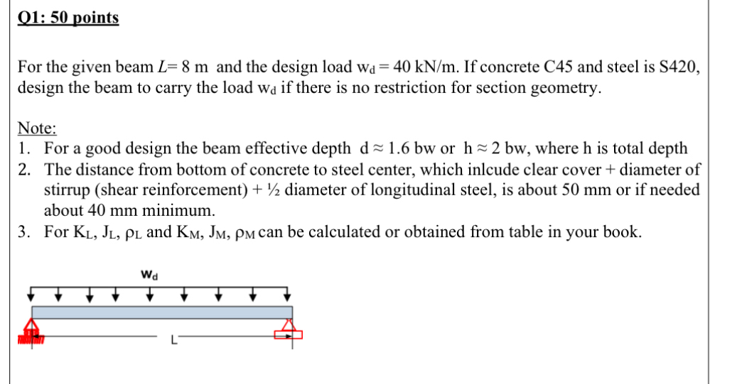 Q 1 : 5 0 points For the given beam L = 8 m and
