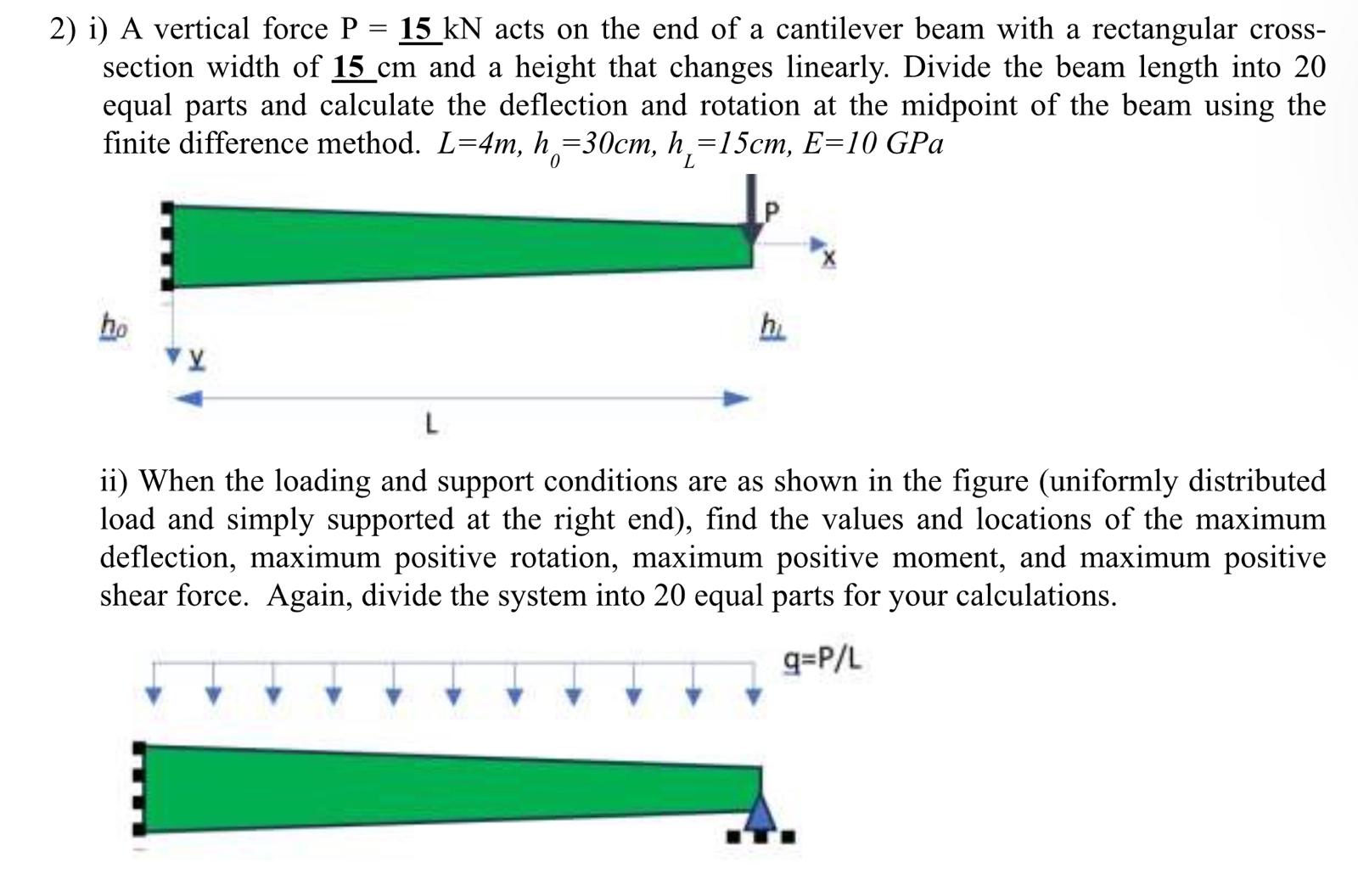 i ) A vertical force P = 1 5 k N acts on the end