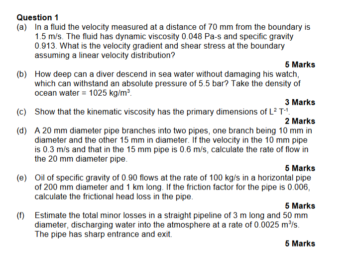 Question 1 ( a ) In a fluid the velocity measured