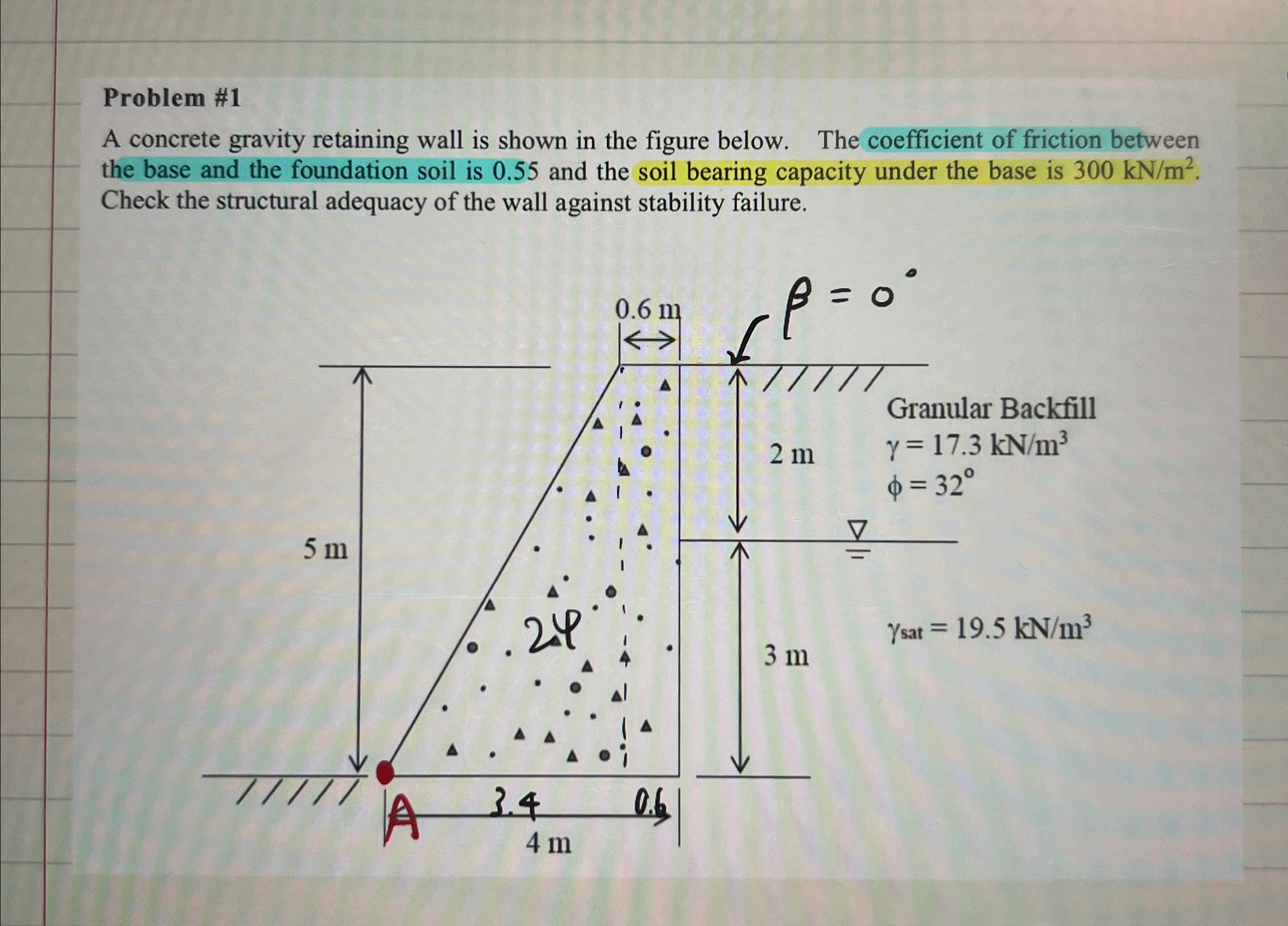 Problem # 1 A concrete gravity retaining wall is