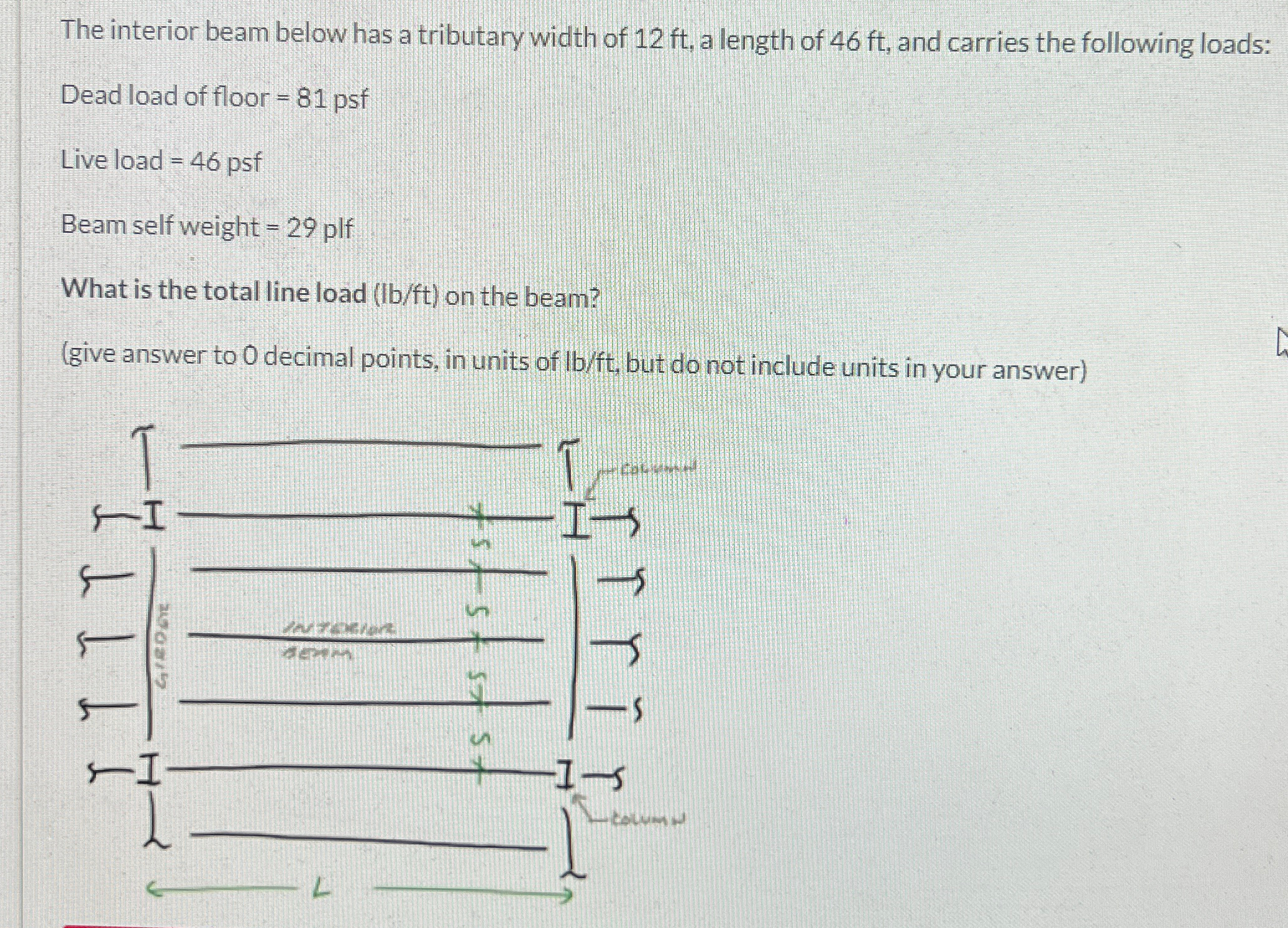 The interior beam below has a tributary width of