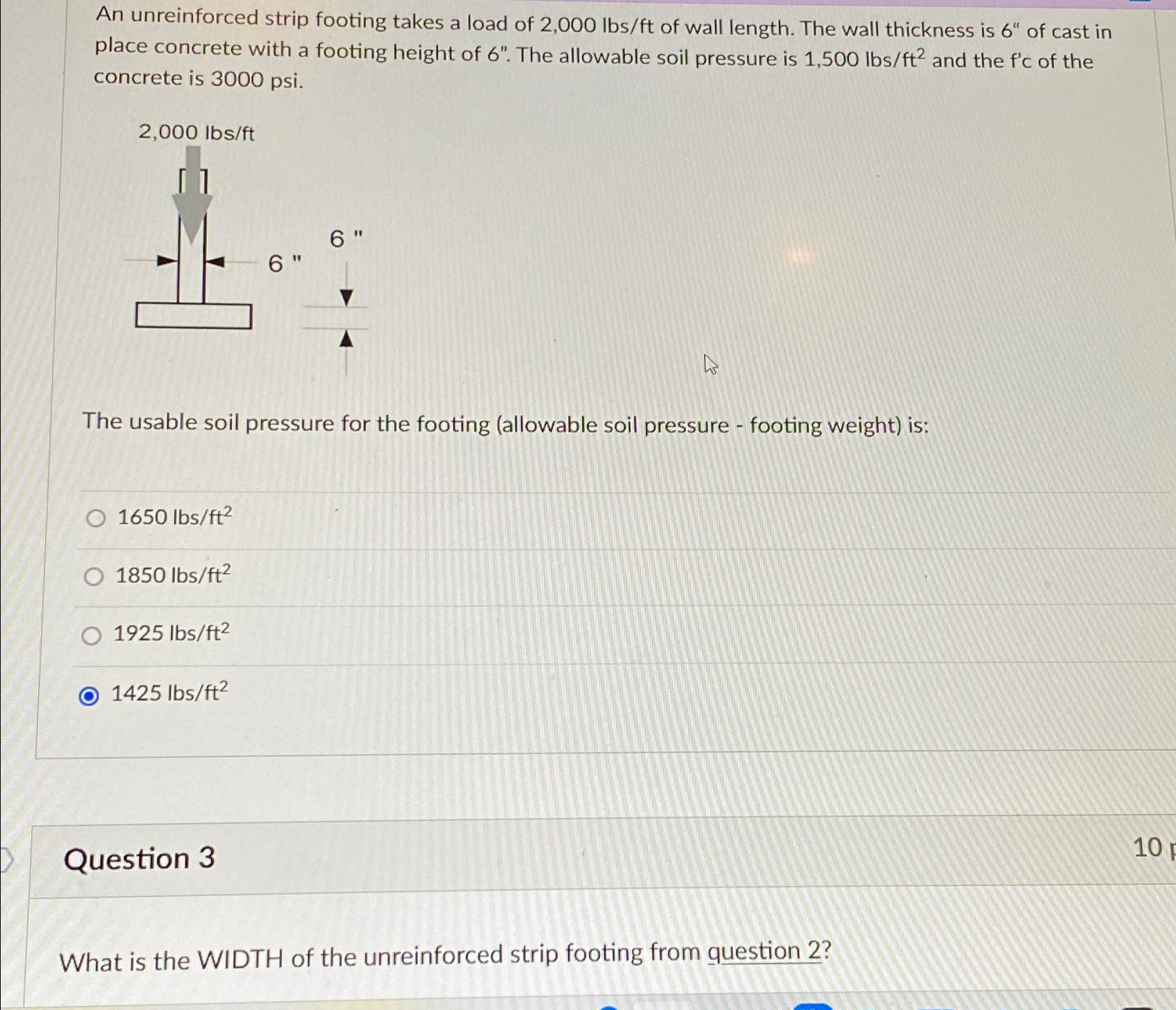 An unreinforced strip footing takes a load of 2 ,