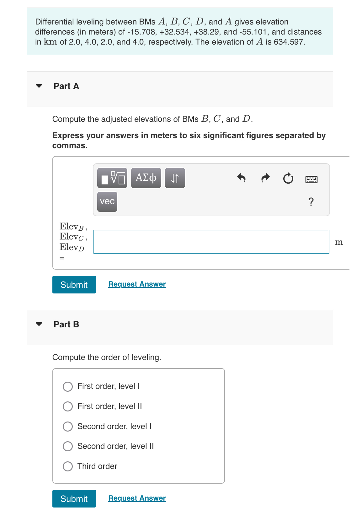 Differential leveling between BMs A , B , C , D ,