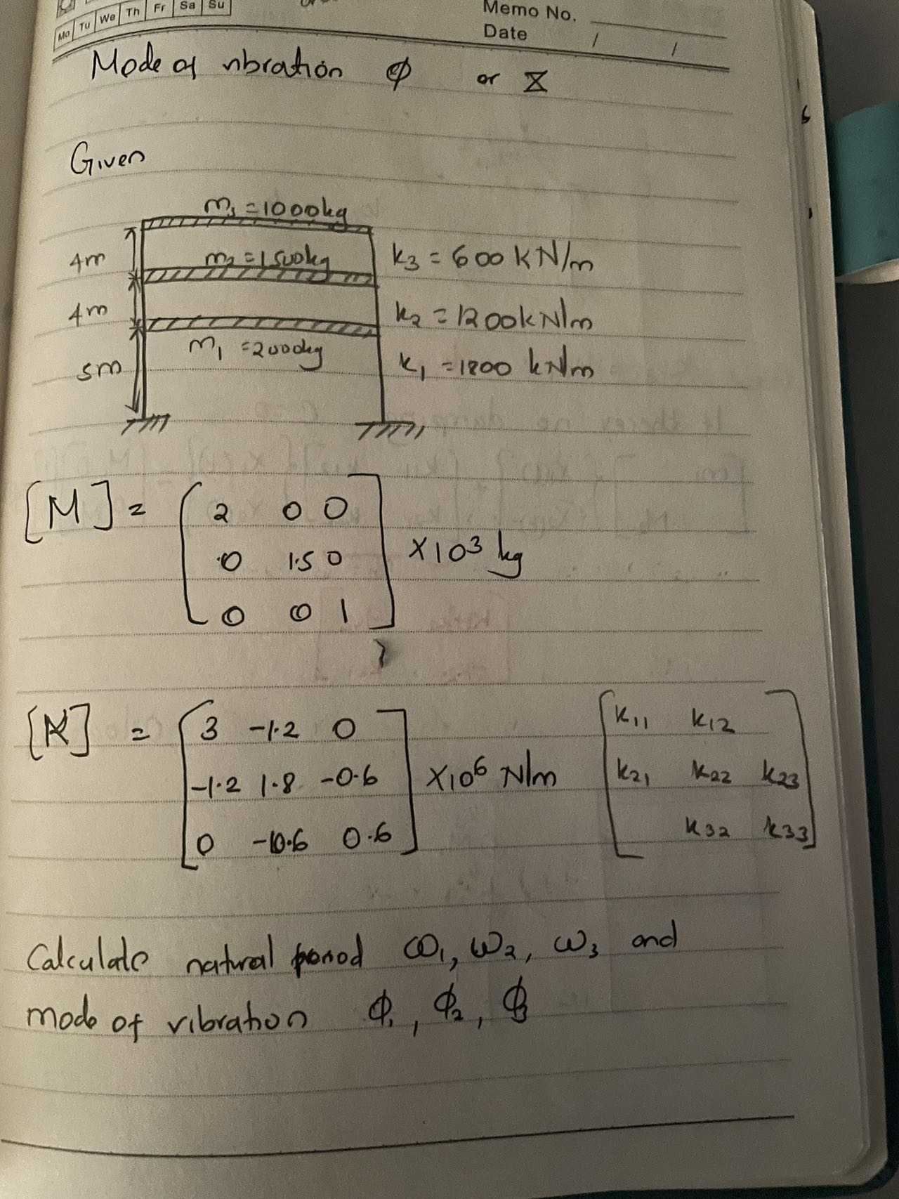 Mode of vibration or Z Given [ M ] = [ 2 0 0 1 .