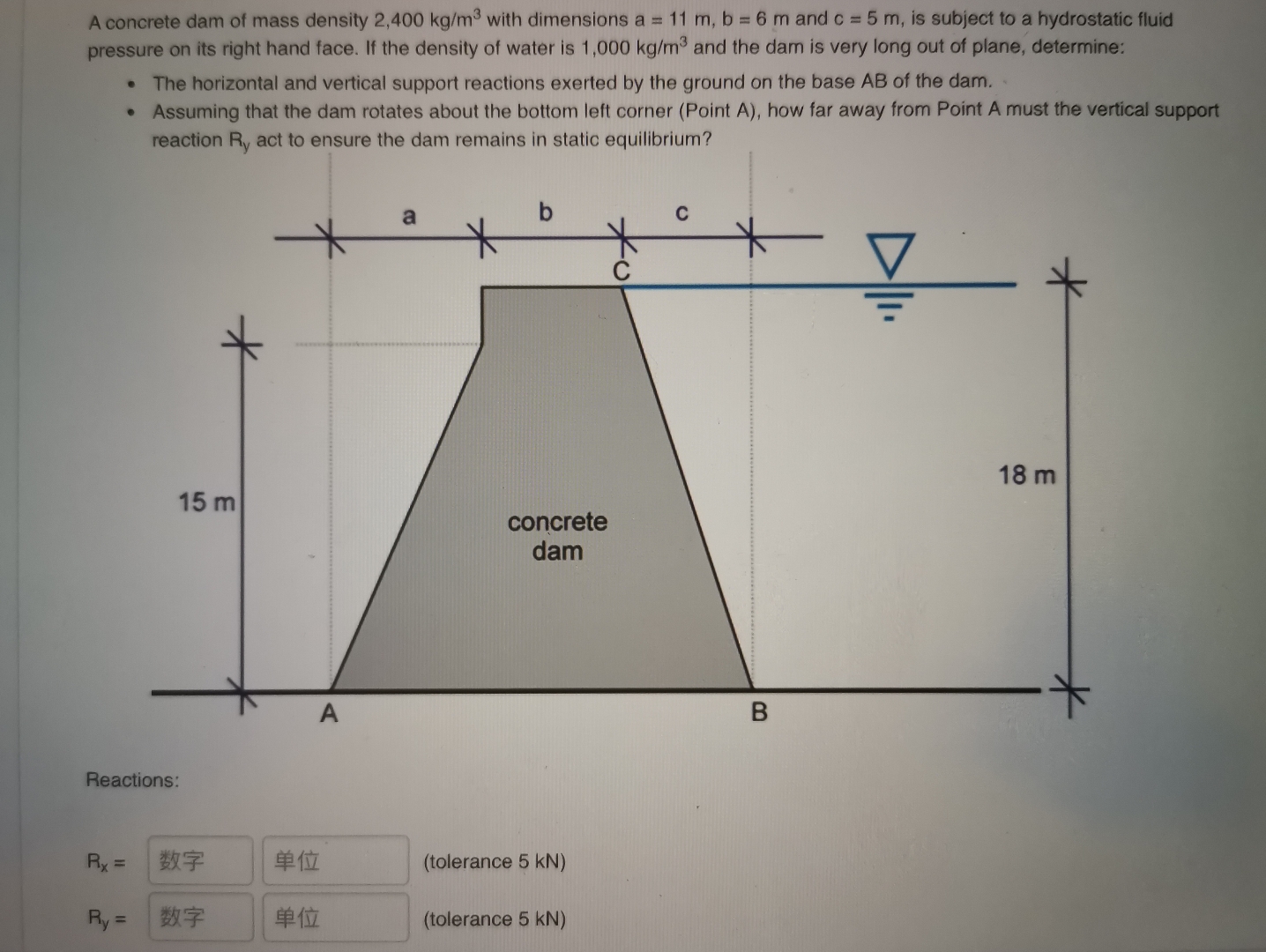 A concrete dam of mass density 2 , 4 0 0 k g m 3
