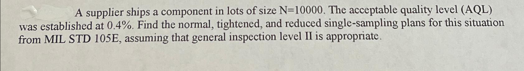 A supplier ships a component in lots of size N =