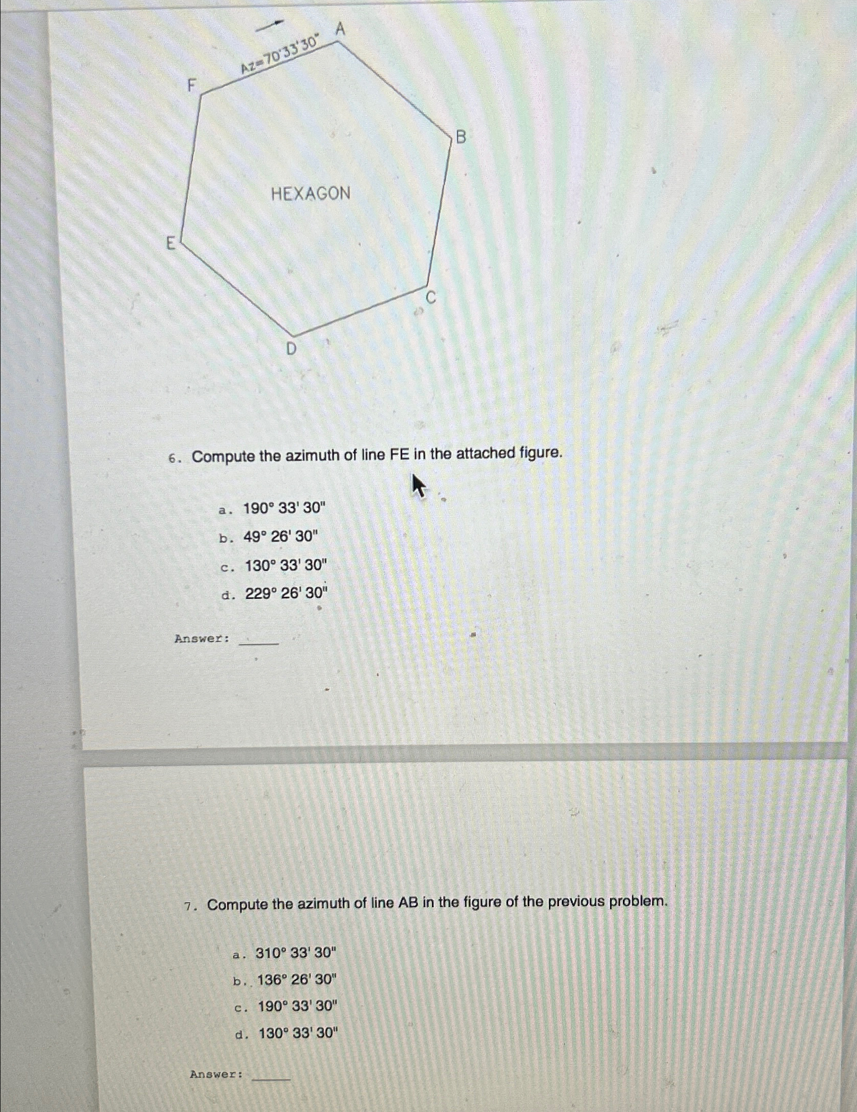 Compute the azimuth of line FE in the attached