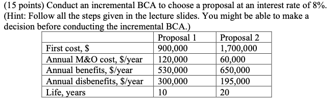 ( 1 5 points ) Conduct an incremental BCA to