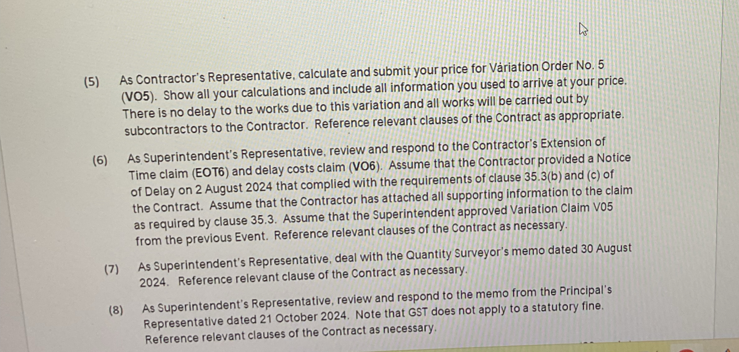 ( 5 ) As Contractor's Representative, calculate