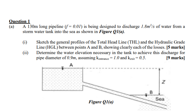 Question 1 ( a ) A 1 3 0 m long pipeline ( f = 0