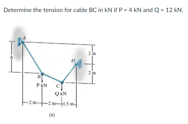 Determine the tension for cable BC in kN if P = 4