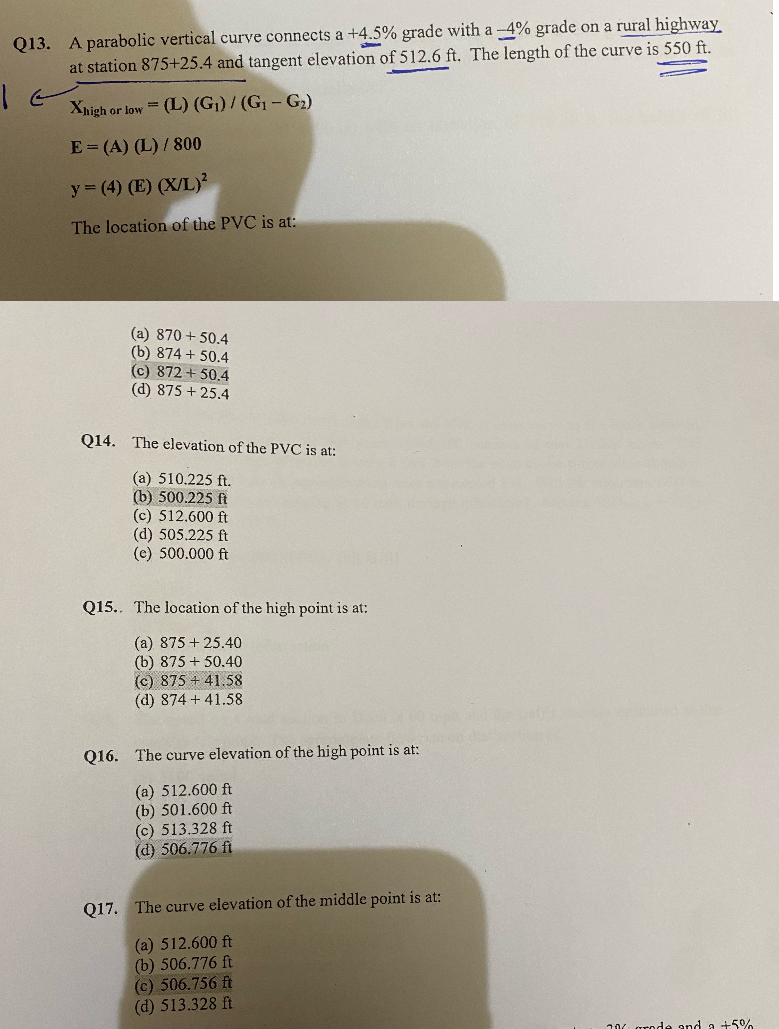 Q 1 3 . A parabolic vertical curve connects a + 4