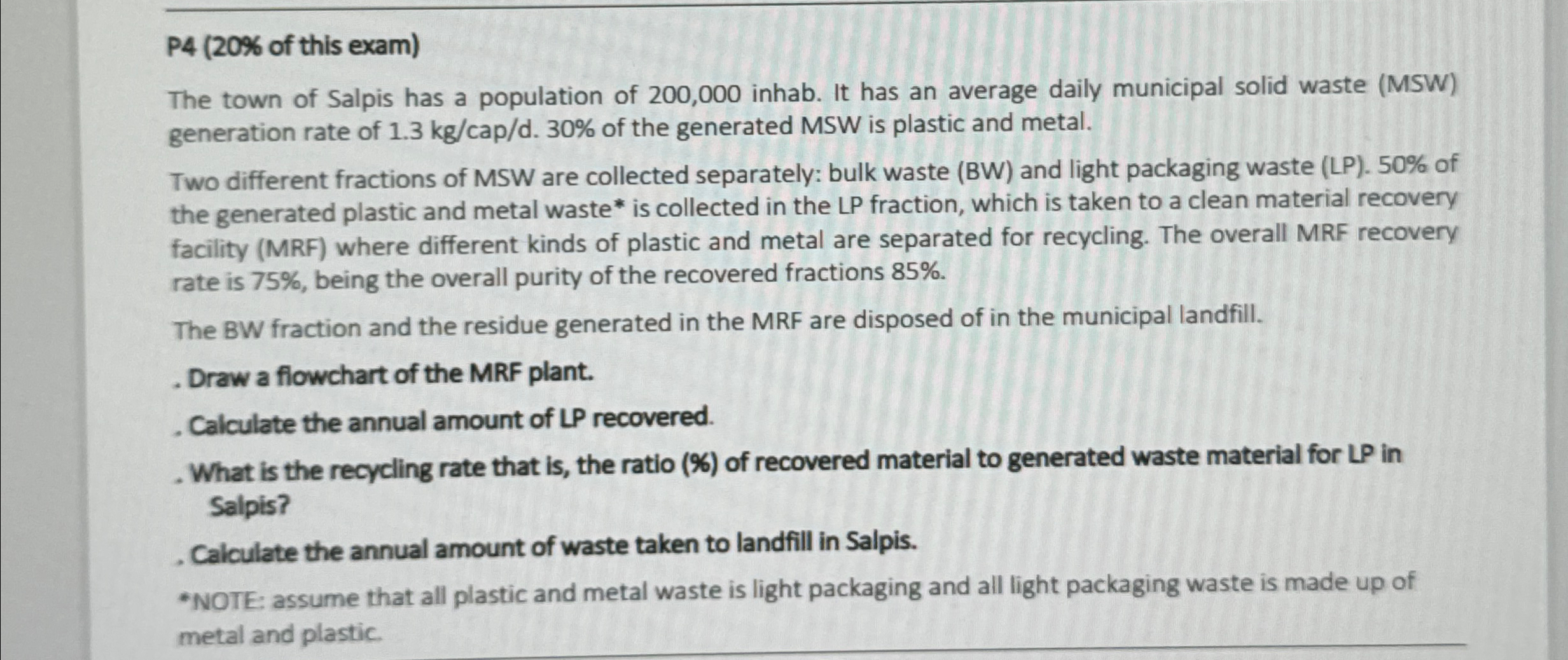 P 4 ( 2 0 % of this exam ) The town of Salpis has