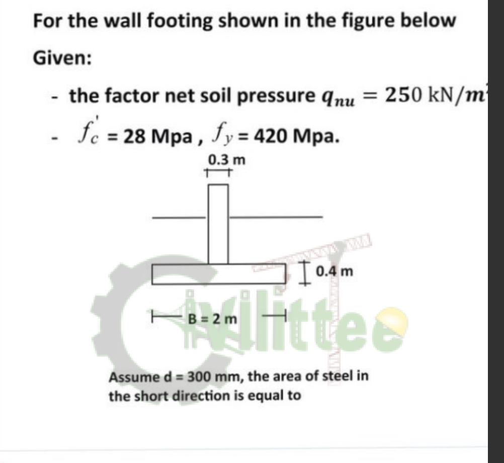 For the wall footing shown in the figure below