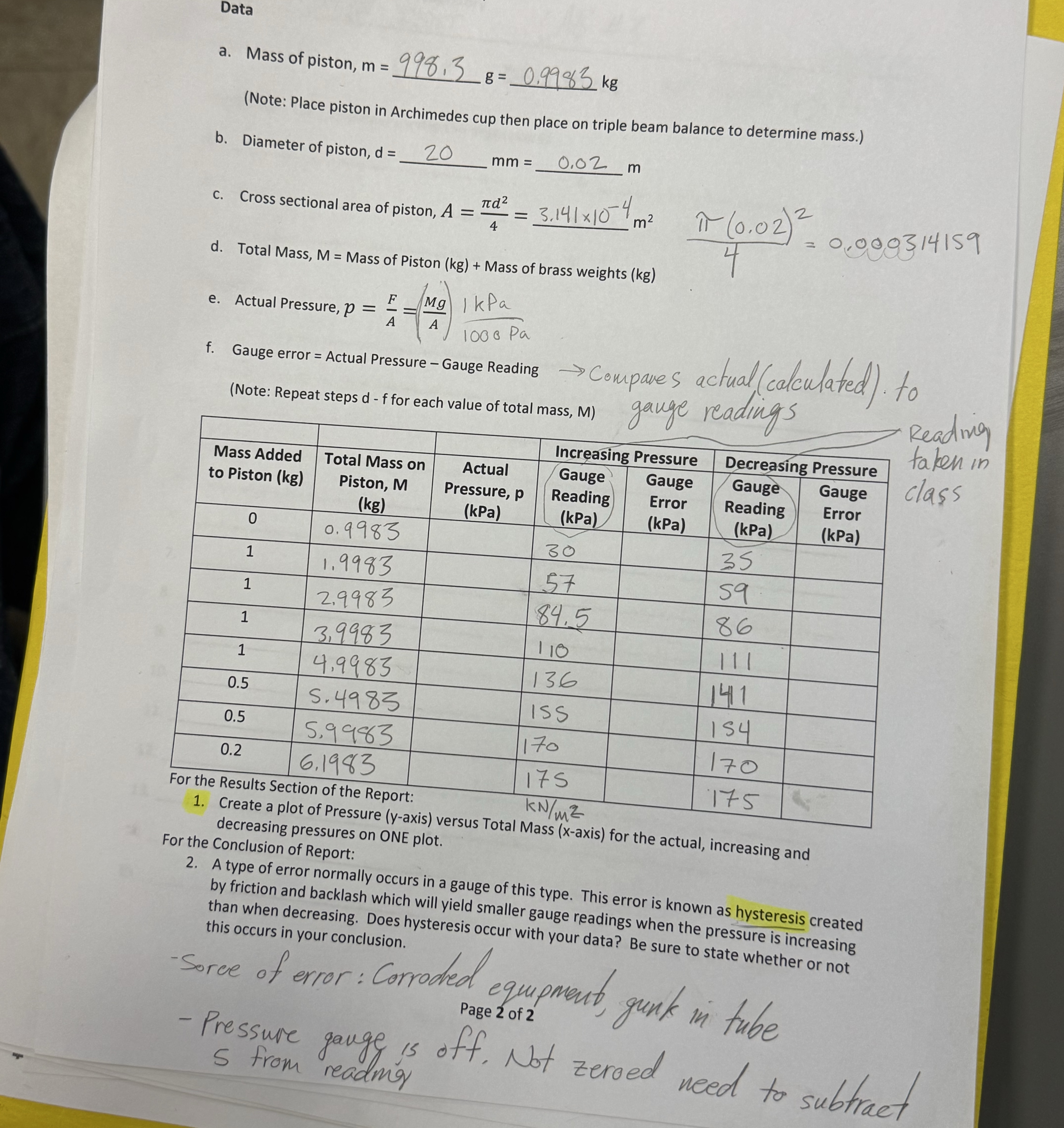 fill out the actual pressure, p ( kpa ) section,